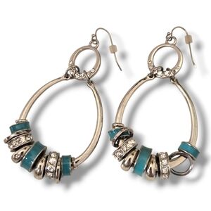 Vintage silver and turquoise enamel bead rhinestone earrings Dangle Western